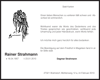 Traueranzeige von Rainer Strahmann von KREISZEITUNG SYKE