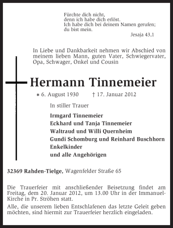 Traueranzeige von Hermann Tinnemeier von KREISZEITUNG SYKE