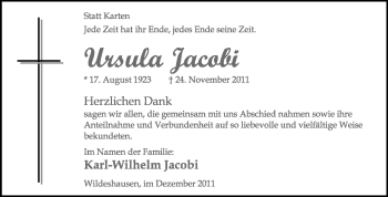 Traueranzeige von Ursula Jacobi von KREISZEITUNG SYKE