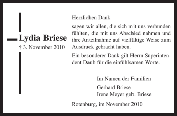 Traueranzeige von Lydia Briese von KREISZEITUNG SYKE