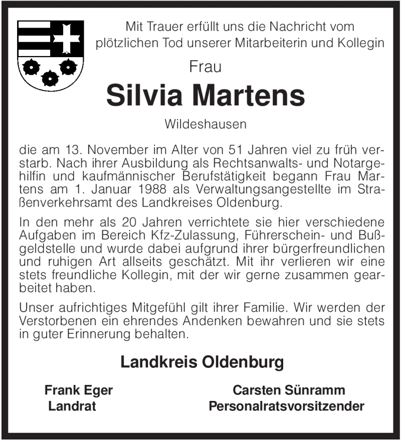  Traueranzeige für Silvia Martens vom 18.11.2008 aus KREISZEITUNG SYKE
