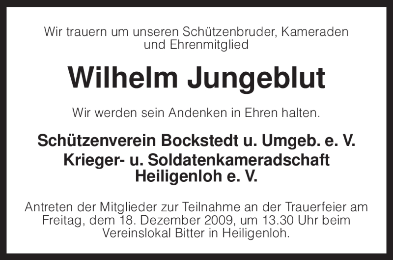  Traueranzeige für Wilhelm Jungeblut vom 15.12.2009 aus KREISZEITUNG SYKE