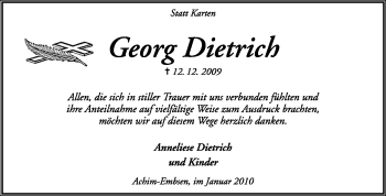 Traueranzeige von Georg Dietrich von KREISZEITUNG SYKE