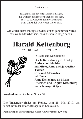 Traueranzeige von Harald Kettenburg von KREISZEITUNG SYKE