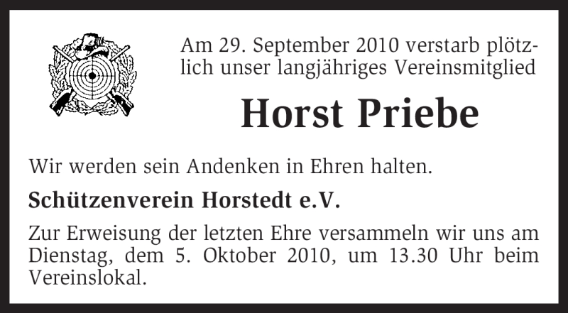  Traueranzeige für Horst Priebe vom 02.10.2010 aus KREISZEITUNG SYKE