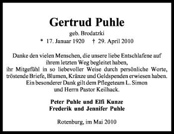 Traueranzeige von Gertrud Puhle von KREISZEITUNG SYKE