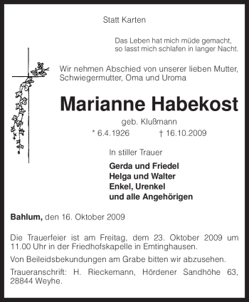 Traueranzeige von Marianne Habekost von KREISZEITUNG SYKE