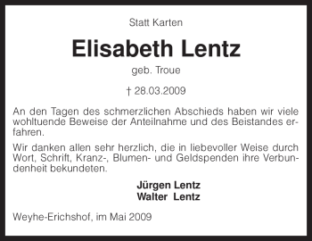 Traueranzeige von Elisabeth Lentz von KREISZEITUNG SYKE