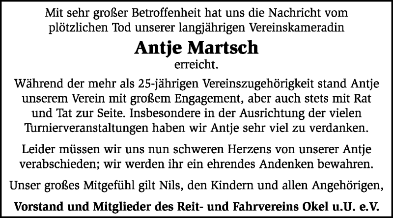  Traueranzeige für Antje Martsch vom 27.01.2015 aus KRZ