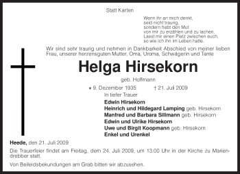 Traueranzeige von Helga Hirsekorn von KREISZEITUNG SYKE