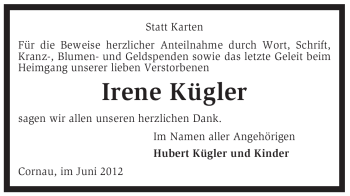 Traueranzeige von Irene Kügler von KREISZEITUNG SYKE