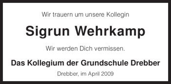 Traueranzeige von Sigrun Wehrkamp von KREISZEITUNG SYKE