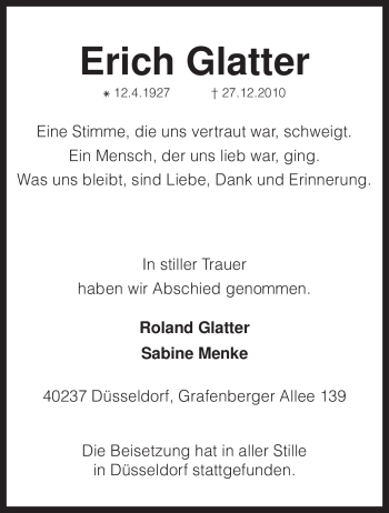 Traueranzeige von Erich Glatter von KREISZEITUNG SYKE