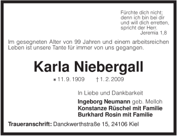 Traueranzeige von Karla Niebergall von KREISZEITUNG SYKE