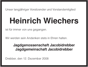 Traueranzeige von Heinrich Wiechers von KREISZEITUNG SYKE