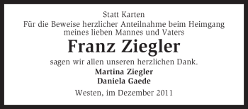 Traueranzeige von Franz Ziegler von KREISZEITUNG SYKE