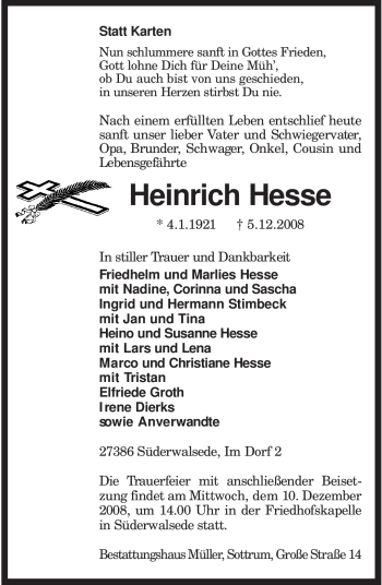 Traueranzeige von Heinrich Hesse von KREISZEITUNG SYKE