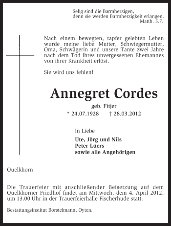 Traueranzeige von Annegret Cordes von KREISZEITUNG SYKE