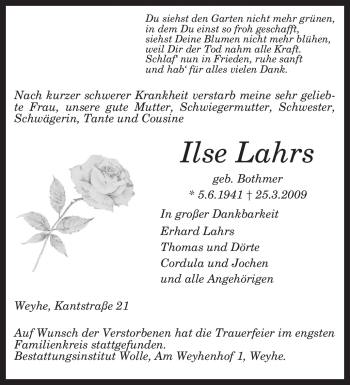 Traueranzeige von Ilse Lahrs von KREISZEITUNG SYKE