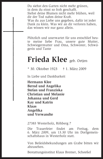 Traueranzeige von Frieda Klee von KREISZEITUNG SYKE