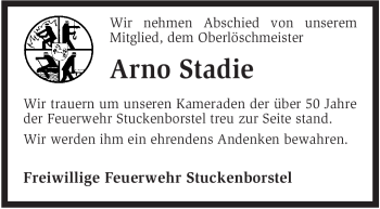 Traueranzeige von Arno Stadie von KREISZEITUNG SYKE