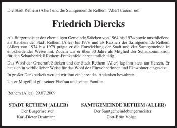 Traueranzeige von Friedrich Diercks von KREISZEITUNG SYKE