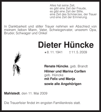 Traueranzeige von Dieter Hüncke von KREISZEITUNG SYKE