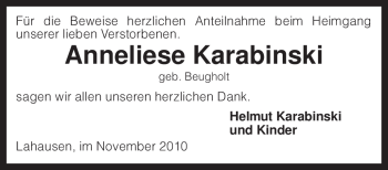 Traueranzeige von Anneliese Karabinski von KREISZEITUNG SYKE