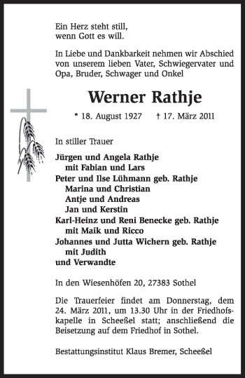 Traueranzeige von Werner Rathje von KREISZEITUNG SYKE