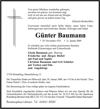 Traueranzeige von Günter Baumann von KREISZEITUNG SYKE