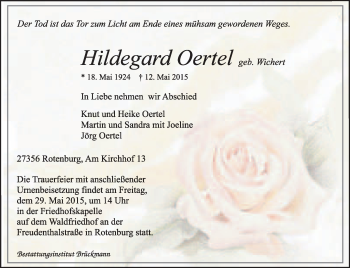 Traueranzeige von Hildegard Oertel von KRZ