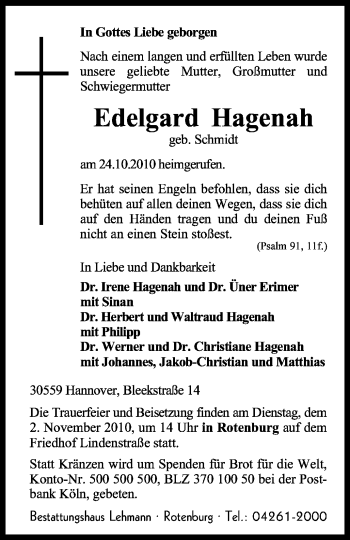 Traueranzeige von Edelgard Hagenah von KREISZEITUNG SYKE