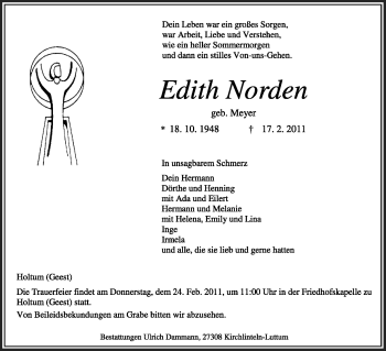 Traueranzeige von Edith Norden von KREISZEITUNG SYKE