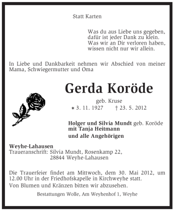 Traueranzeige von Gerda Koröde von KREISZEITUNG SYKE