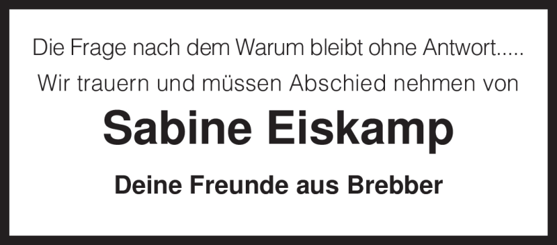  Traueranzeige für Sabine Eiskamp vom 10.09.2010 aus KREISZEITUNG SYKE