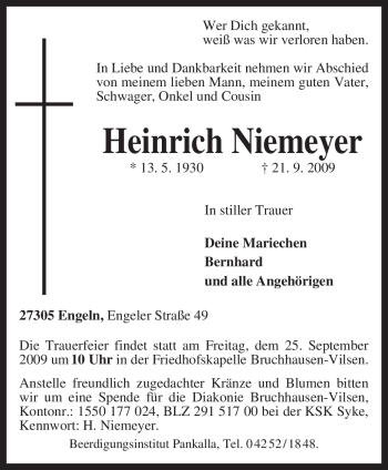 Traueranzeige von Heinrich Niemeyer von KREISZEITUNG SYKE