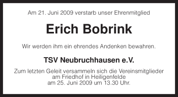 Traueranzeige von Erich Bobrink von KREISZEITUNG SYKE