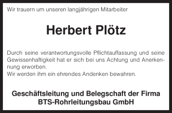 Traueranzeige von Herbert Plötz von KREISZEITUNG SYKE