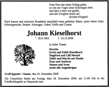 Traueranzeige von Johann Kieselhorst von KREISZEITUNG SYKE