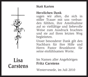 Traueranzeige von Lisa Carstens von KREISZEITUNG SYKE