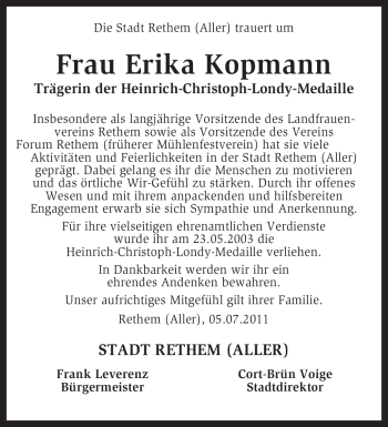 Traueranzeige von Erika Kopmann von KREISZEITUNG SYKE