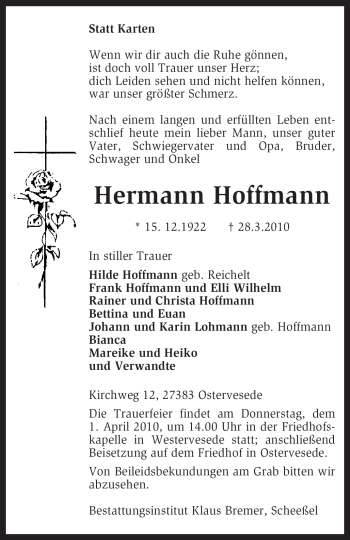 Traueranzeige von Hermann Hoffmann von KREISZEITUNG SYKE