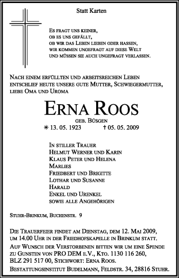 Traueranzeige von Erna Roos von KREISZEITUNG SYKE