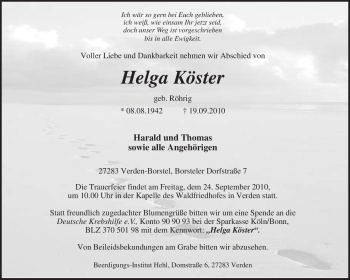 Traueranzeige von Helga Köster von KREISZEITUNG SYKE