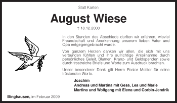 Traueranzeige von August Wiese von KREISZEITUNG SYKE