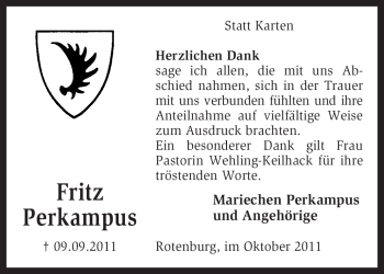 Traueranzeige von Fritz Perkampus von KREISZEITUNG SYKE