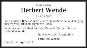 Traueranzeige von Herbert Wende von KRZ