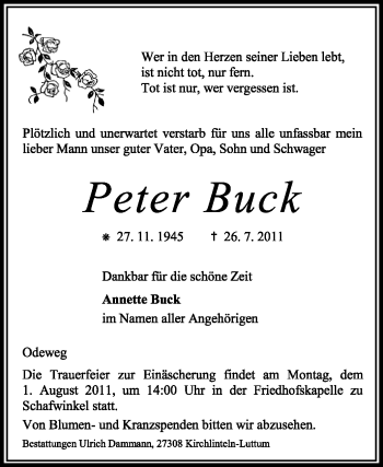 Traueranzeige von Peter Buck von KREISZEITUNG SYKE