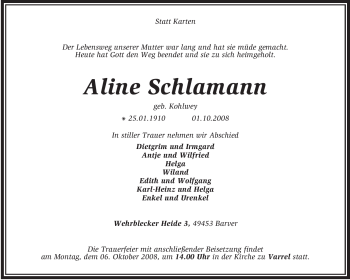 Traueranzeige von Aline Schlamann von KREISZEITUNG SYKE