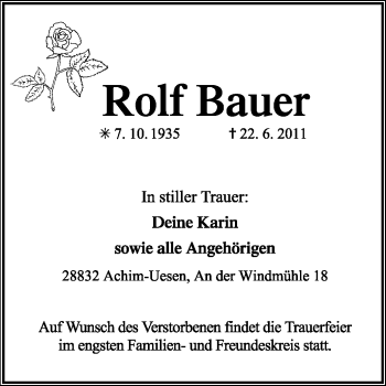 Traueranzeige von Rolf Bauer von KREISZEITUNG SYKE